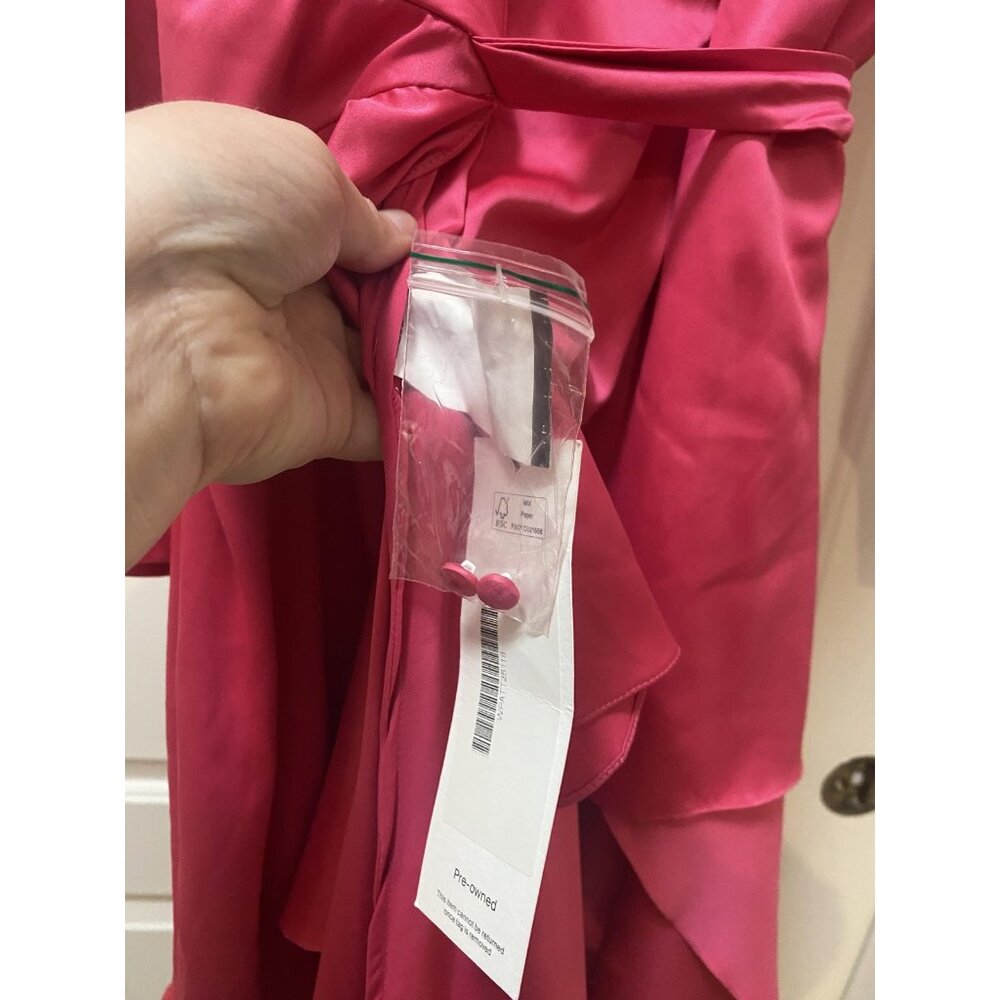 PatBO Hi-Low Maxi Wrap Dress Womens 2 Pink Satin Long Sleeve Ruffle Party - Picture 4 of 6